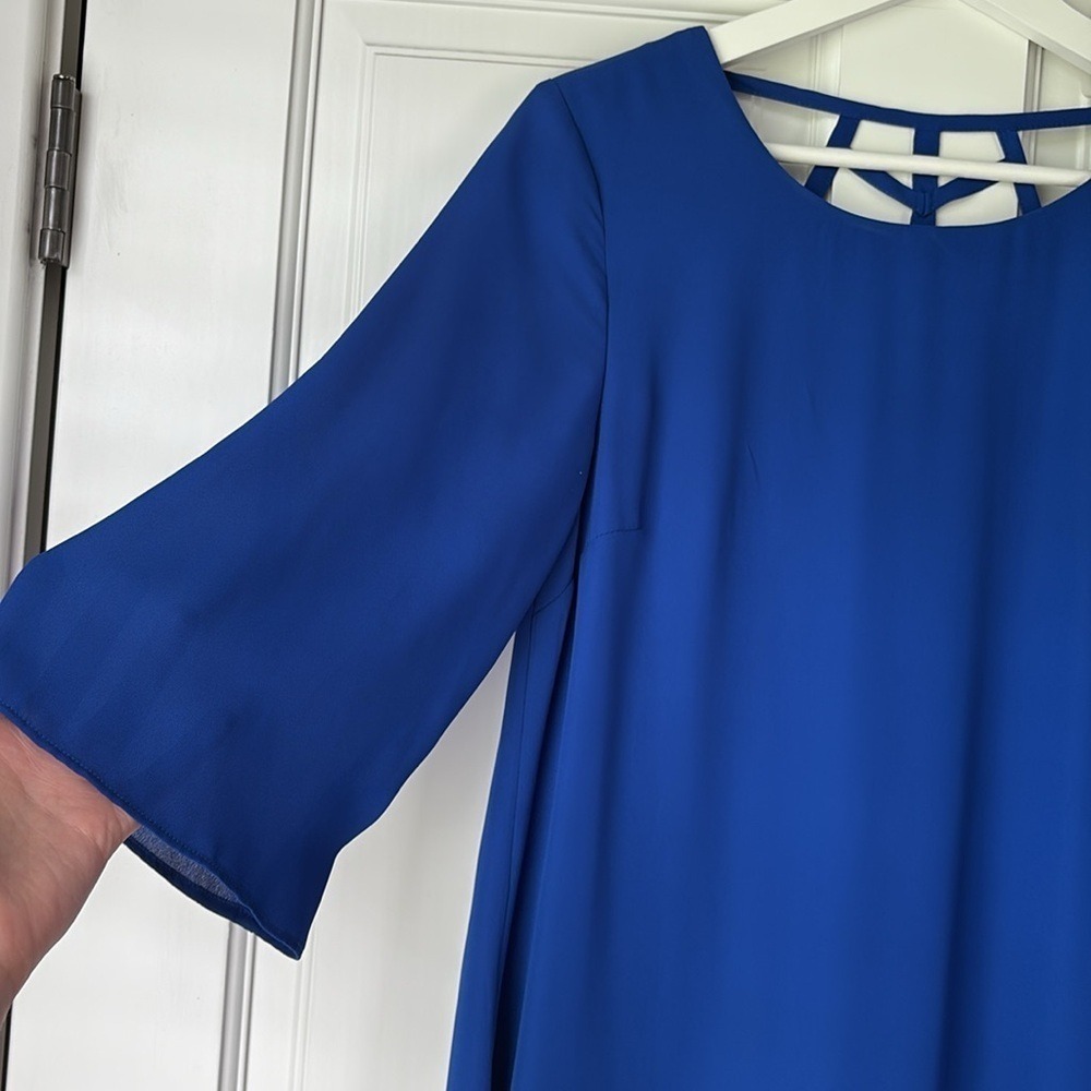 Apt. 9 Shift Dress 4 Royal Blue Strappy Cage Back 3/4 Bell Sleeve Mini Dress - Picture 3 of 5